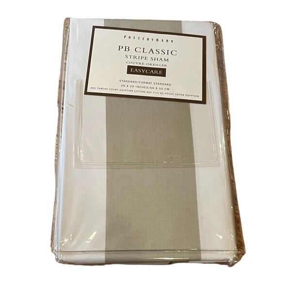 NWTS Pottery Barn Classic Brown Tan Beige & Cream Stripe 400 tc Std Pillow Sham - Picture 2 of 3
